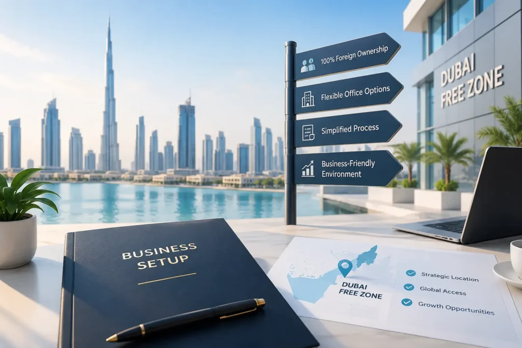 Dubai Free Zone company formation concept showing business setup documents, Dubai skyline, and key free zone benefits.