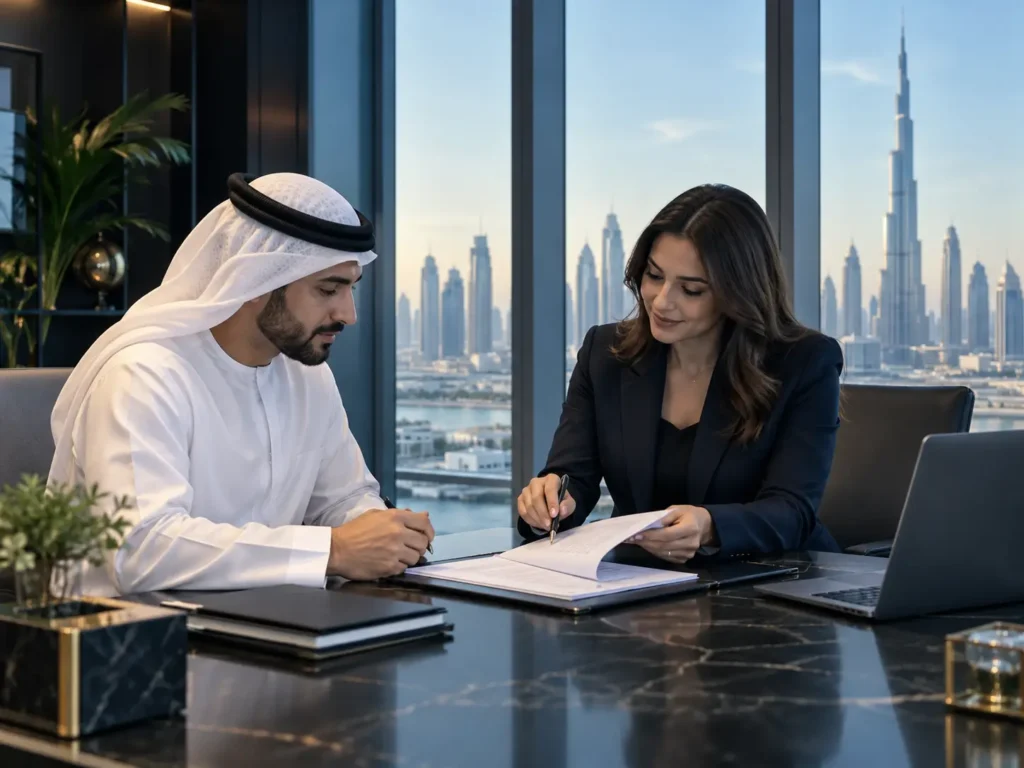 Dubai mainland company formation consultation with business professionals reviewing company registration documents in a Dubai office.