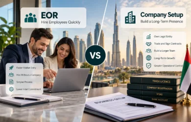 EOR vs company setup in the UAE comparison showing business professionals, hiring support, company formation, and the Dubai skyline.